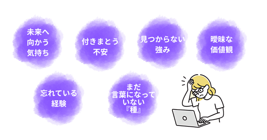 モヤモヤの正体は、未来へ向かう気持ち、や強みが見つけられないこと、曖昧なままの価値観、自分の経験を忘れてしまっていることなどがあります。